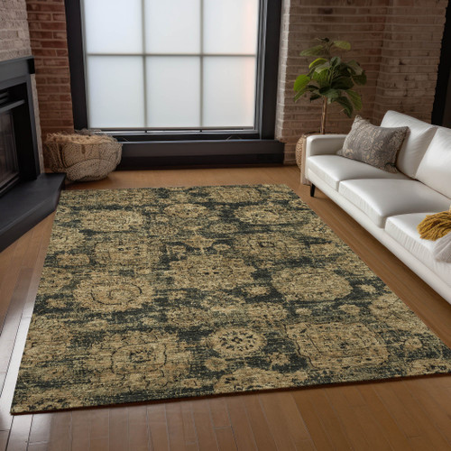 3' X 5' Charcoal Gold And Tan Floral Washable Indoor Outdoor Area Rug