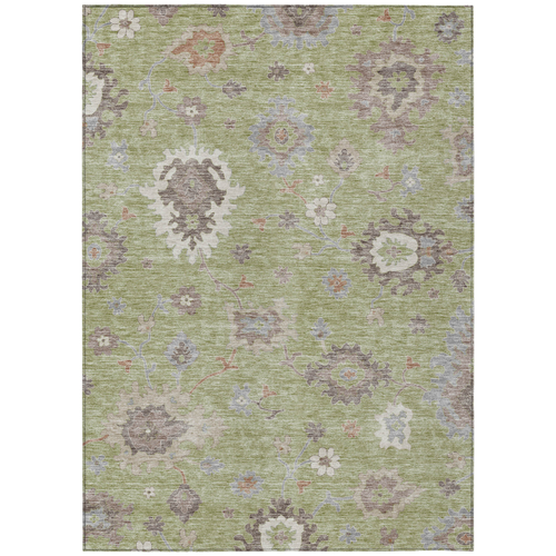 3' X 5' Artichoke Green And Beige Floral Washable Indoor Outdoor Area Rug