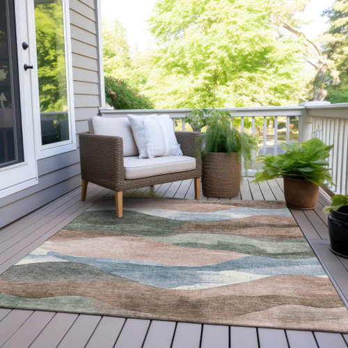 3' X 5' Salmon And Emerald Abstract Washable Indoor Outdoor Area Rug