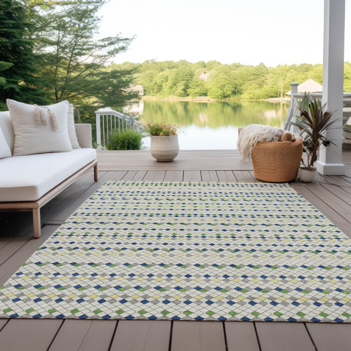 3' X 5' Linen And Lime Green Striped Washable Indoor Outdoor Area Rug