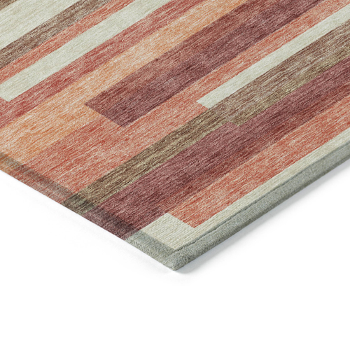 3' X 5' Coral Peach And Taupe Striped Washable Indoor Outdoor Area Rug