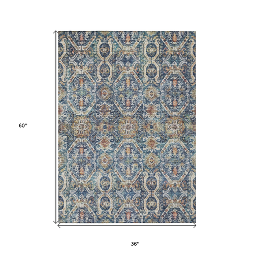 3' X 5' Denim Blue Beige And Brown Floral Washable Indoor Outdoor Area Rug