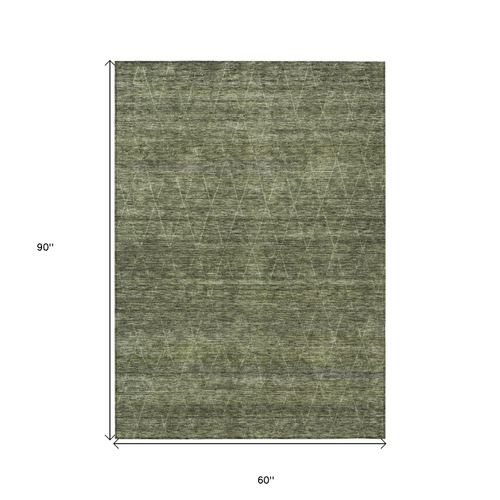 5' X 8' Olive Green And Ivory Geometric Washable Indoor Outdoor Area Rug