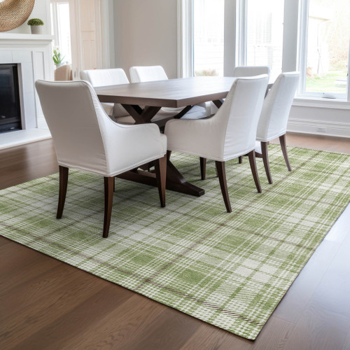 5' X 8' Artichoke Green Brown And Ivory Plaid Washable Indoor Outdoor Area Rug