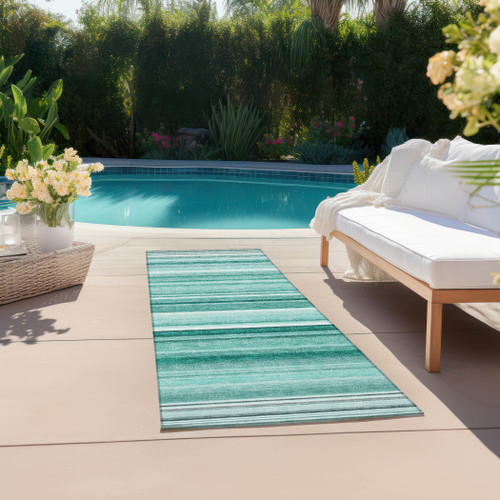 2' X 8' Aqua Striped Washable Indoor Outdoor Runner Rug