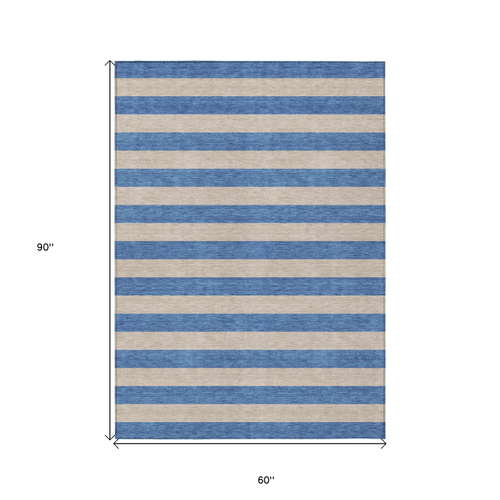 5' X 8' Tan Striped Washable Non Skid Indoor Outdoor Area Rug