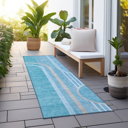 2' X 8' Teal Abstract Washable Indoor Outdoor Runner Rug