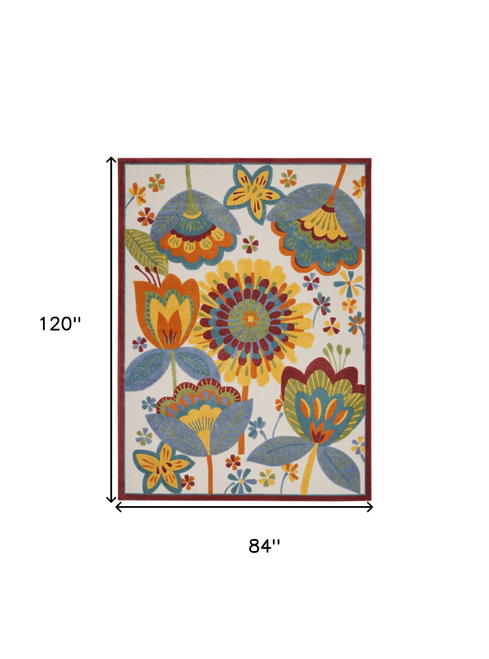 7' X 10' Ivory Blue Orange Red And Yellow Floral Indoor Outdoor Area Rug