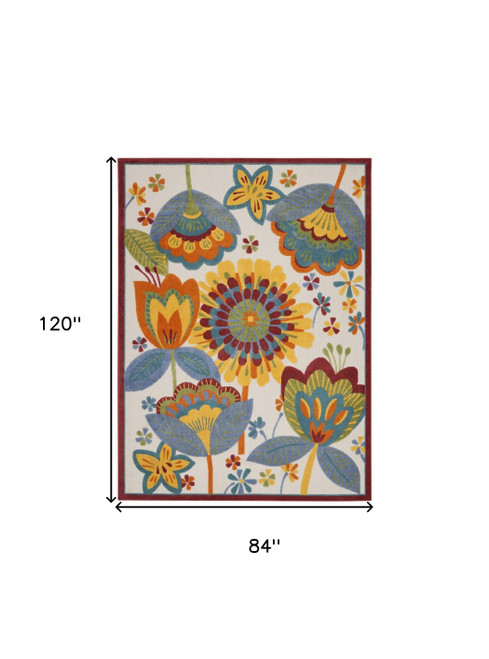7' X 10' Ivory Blue Orange Red And Yellow Floral Indoor Outdoor Area Rug