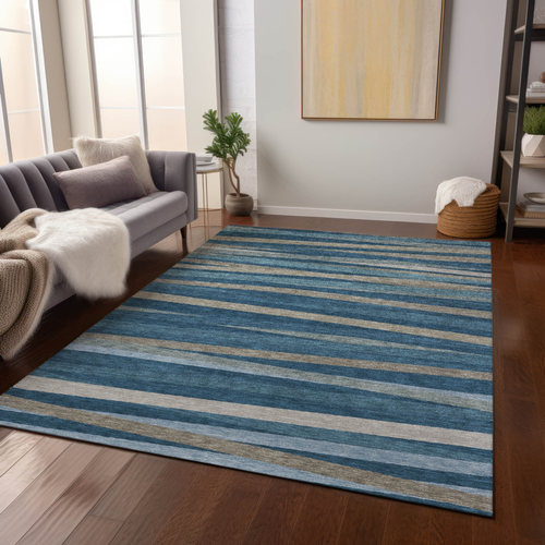 3' X 5' Denim Blue And Gray Striped Washable Indoor Outdoor Area Rug