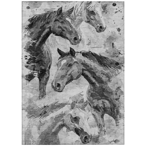 3' X 5' Gray And Silver Horse Washable Indoor Outdoor Area Rug