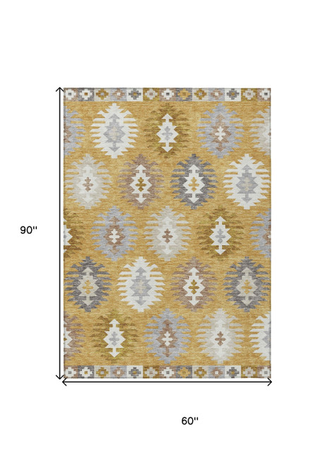 5' X 8' Gold Ivory And Taupe Southwestern Washable Indoor Outdoor Area Rug