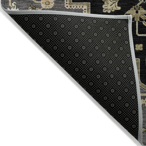5' X 8' Black Gray And Ivory Oriental Washable Indoor Outdoor Area Rug