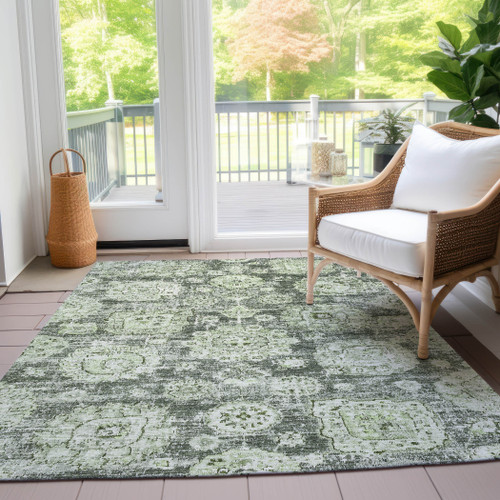3' X 5' Artichoke Green And Olive Green Floral Washable Indoor Outdoor Area Rug