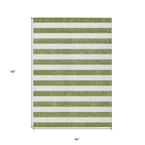 5' X 8' Olive Green Striped Washable Non Skid Indoor Outdoor Area Rug