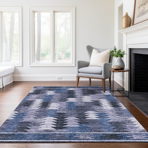 3' X 5' Navy Blue And Sky Blue Southwestern Washable Indoor Outdoor Area Rug