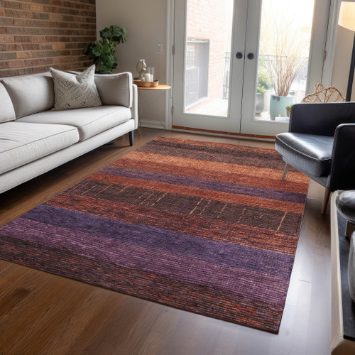 5' X 8' Orange Copper And Purple Striped Washable Indoor Outdoor Area Rug