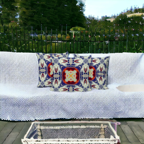 Set of Three 16" X 16" Blue and Orange Blown Seam Floral Indoor Outdoor Throw Pillow Polyester Decor