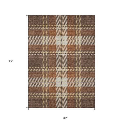 5' X 8' Chocolate Copper And Gold Plaid Washable Indoor Outdoor Area Rug