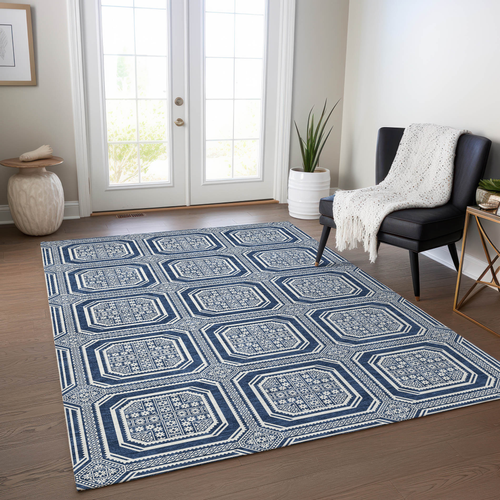 3' X 5' Navy Blue And Ivory Geometric Washable Indoor Outdoor Area Rug