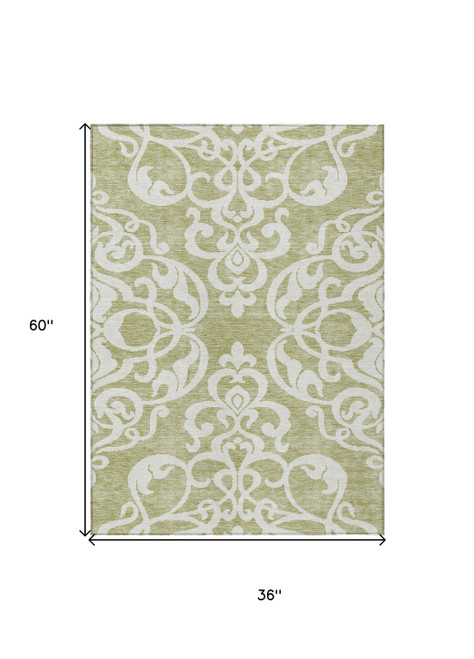 3' X 5' Sage And Ivory Damask Washable Indoor Outdoor Area Rug