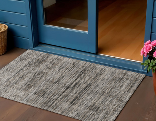 3' X 5' Taupe And Ivory Striped Washable Indoor Outdoor Area Rug - Taupe, Ivory