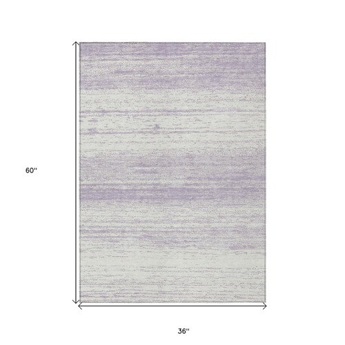 3' X 5' Lavender And Ivory Striped Washable Indoor Outdoor Area Rug