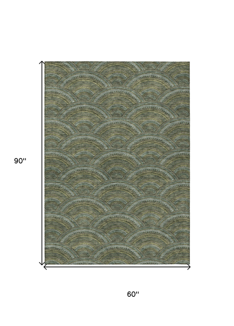 5' X 8' Olive Green Fern Green And Silver Geometric Washable Indoor Outdoor Area Rug