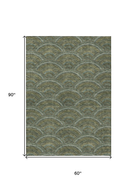 5' X 8' Olive Green Fern Green And Silver Geometric Washable Indoor Outdoor Area Rug