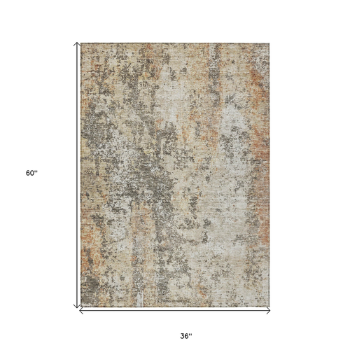 3' X 5' Terra Cotta Beige And Dark Gray Abstract Washable Indoor Outdoor Area Rug