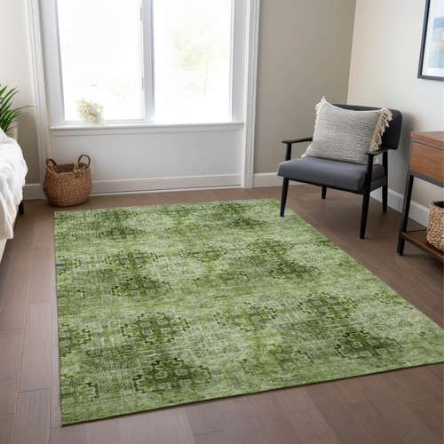 5' X 8' Olive Green Floral Medallion Washable Non Skid Indoor Outdoor Area Rug