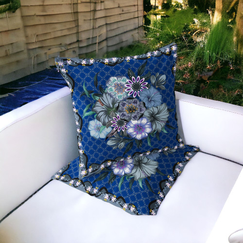 Set of Two 16" X 16" Blue and Gray Botanical Indoor Outdoor Throw Pillow Polyester Decor
