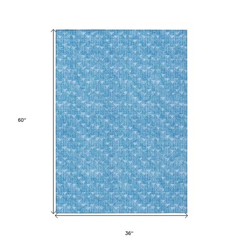 3' X 5' Blue Geometric Washable Non Skid Indoor Outdoor Area Rug