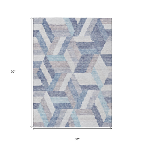 5' X 8' Denim Blue Geometric Washable Indoor Outdoor Area Rug