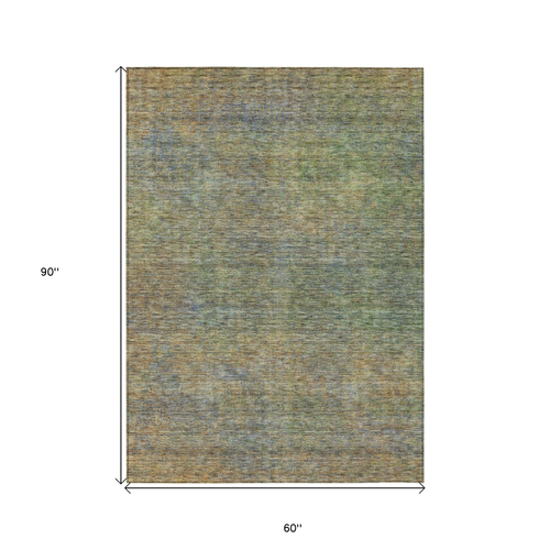 5' X 8' Green Gold And Charcoal Abstract Washable Indoor Outdoor Area Rug