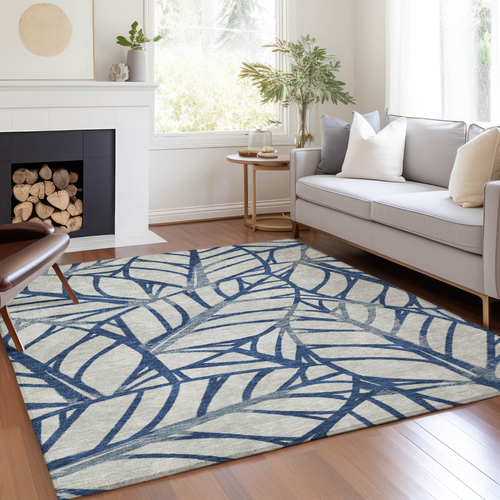 5' X 8' Navy Blue And Beige Floral Washable Indoor Outdoor Area Rug