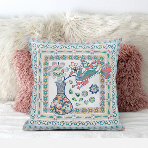 16" X 16" White And Blue Bird Blown Seam Abstract Indoor Outdoor Throw Pillow