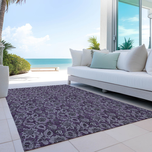 5' X 8' Eggplant Purple And Lilac Floral Washable Indoor Outdoor Area Rug
