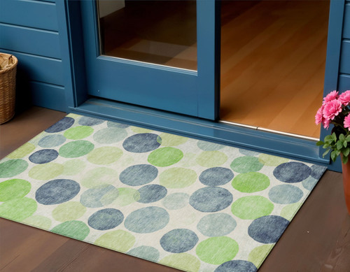 3' X 5' Navy Blue Lime Green And Ivory Geometric Washable Indoor Outdoor Area Rug