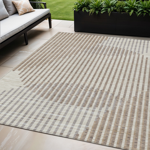 5' X 8' Beige And Ivory Geometric Washable Indoor Outdoor Area Rug