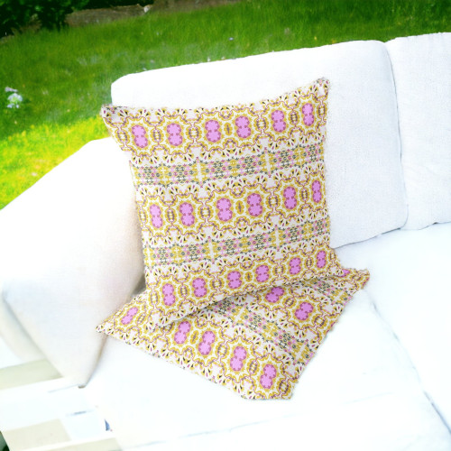 Set of Two 16" X 16" Yellow and White Blown Seam Floral Indoor Outdoor Throw Pillow Polyester Home Accent
