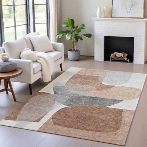 3' X 5' Rust And Gray Abstract Washable Indoor Outdoor Area Rug