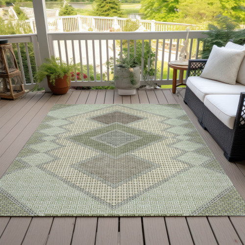 5' X 8' Green Gray And Taupe Geometric Washable Indoor Outdoor Area Rug