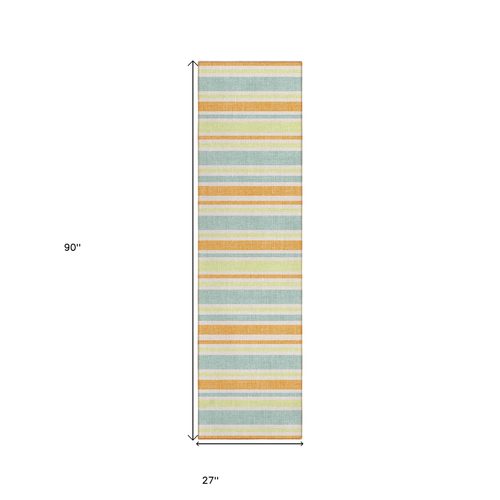 2' X 8' Orange Green and Blue Striped Washable Non Skid Indoor Outdoor Area Rug