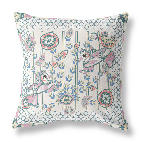 26" x 26" Off White Peacock Blown Seam Floral Indoor Outdoor Throw Pillow Decor