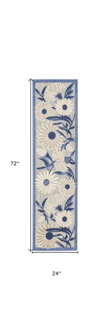 6' Blue And Gray Floral Indoor Outdoor Runner Rug