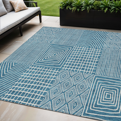 5' X 8' Teal Blue And Ivory Geometric Washable Indoor Outdoor Area Rug Transitional Style - Teal Blue, Ivory Color
