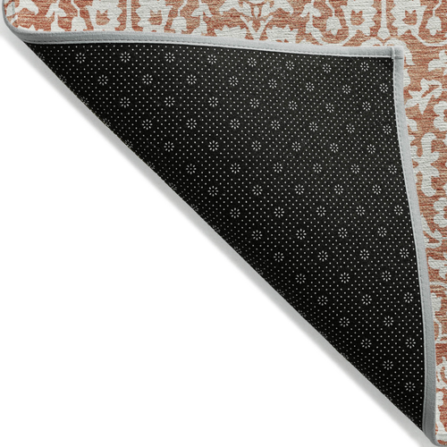 3' X 5' Coral And Ivory Damask Washable Indoor Outdoor Area Rug