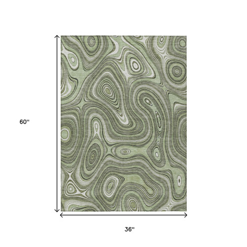 3' X 5' Artichoke Green And Ivory Geometric Washable Indoor Outdoor Area Rug