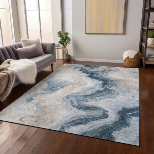 5' X 8' Beige And Navy Blue Abstract Washable Indoor Outdoor Area Rug